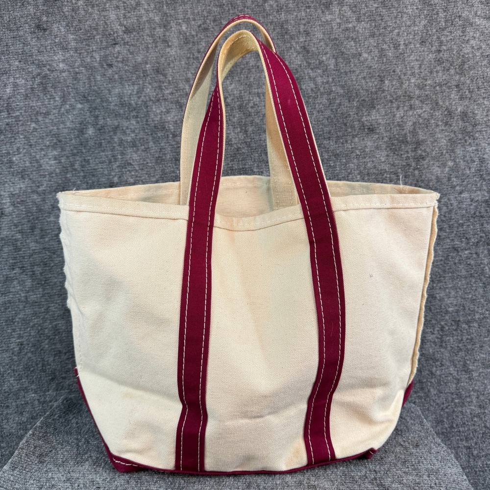 LL Bean Boat and Tote Canvas Bag Burgundy Cream Small Medium Made in USA - Picture 5 of 11